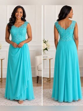 Azazie Turquoise Lace Chiffon Maxi Gown Size C V Neck Formal Bridesmaid Dress